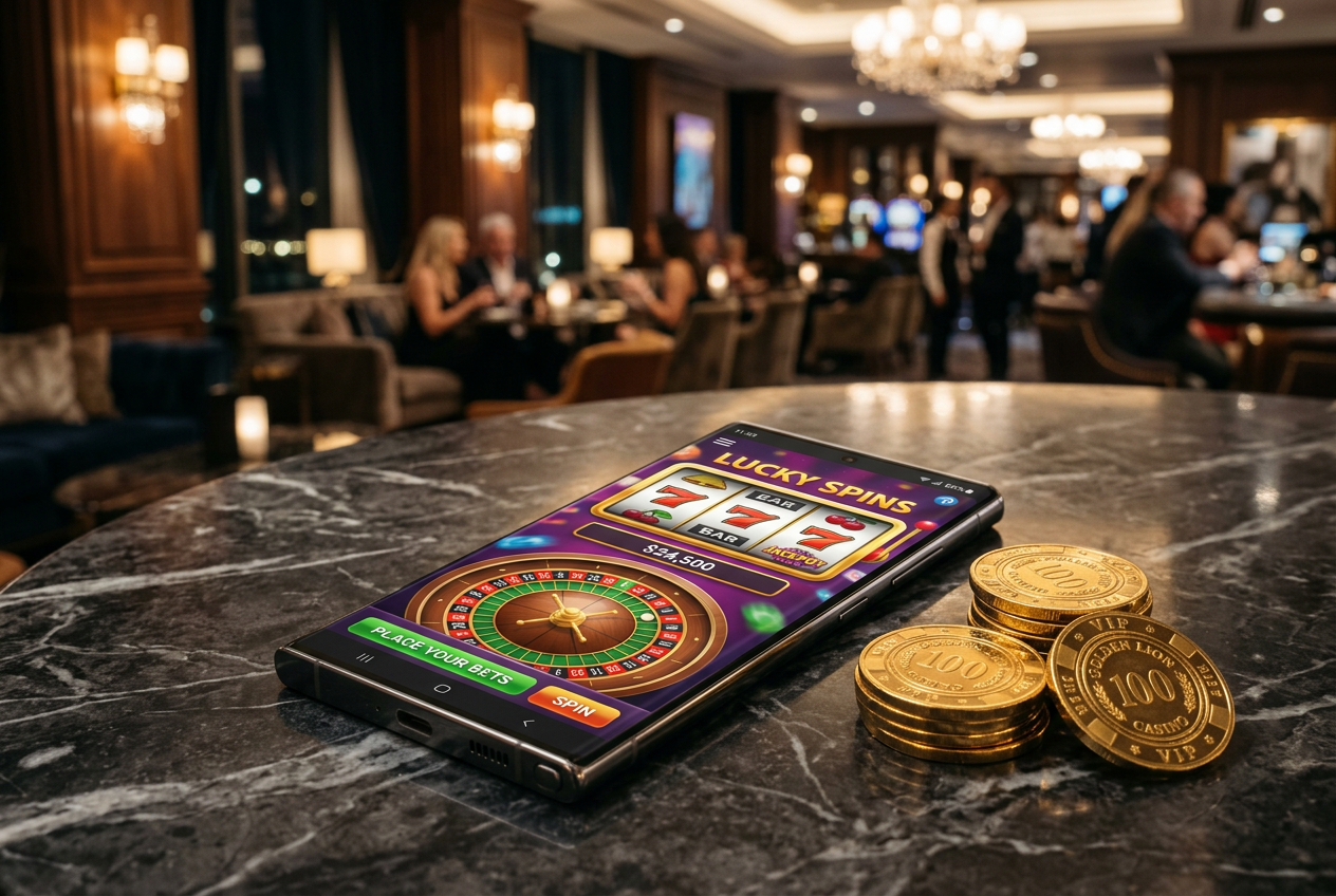 A smartphone showing a casino interface next to gold coins
